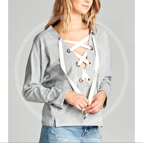 027 Cozy Lace up Long Sleeve Sweater Top - Picture 4 of 6